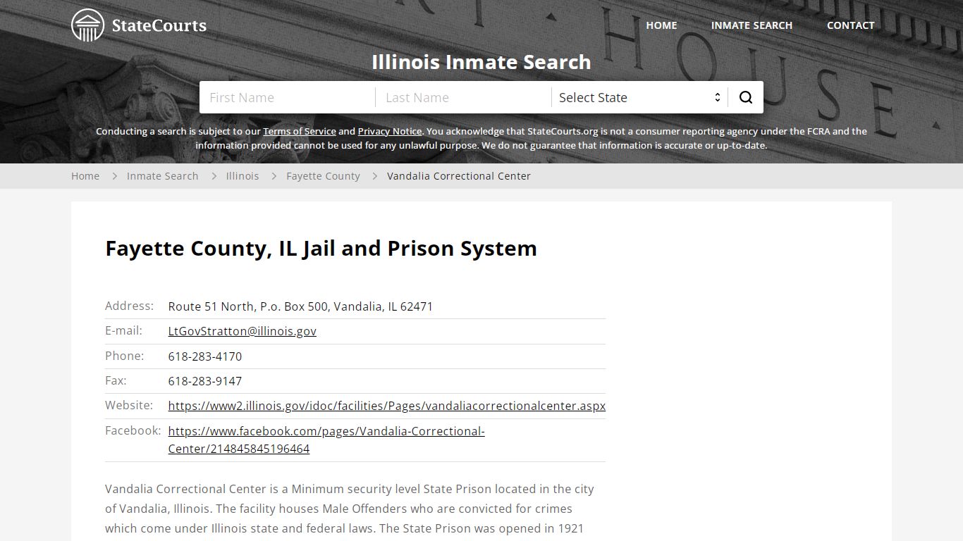 Vandalia Correctional Center Inmate Records Search, Illinois - StateCourts